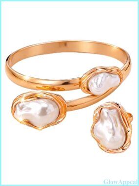 Vintage Irregular Pearl Bracelet Ring Set Adjustable White Gold Plated